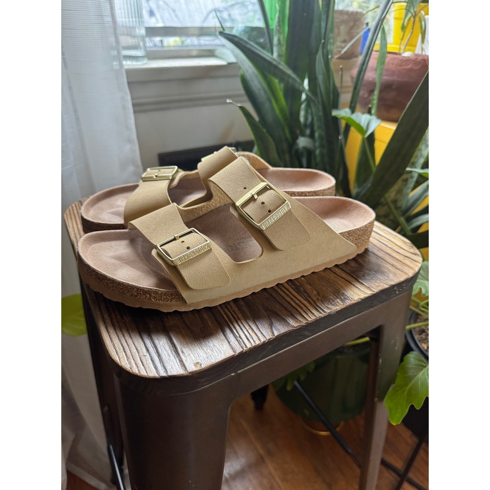 Birkenstock Arizona Vegan Sandals Khaki Tan Gold Buckle Womens 10 Mens 8